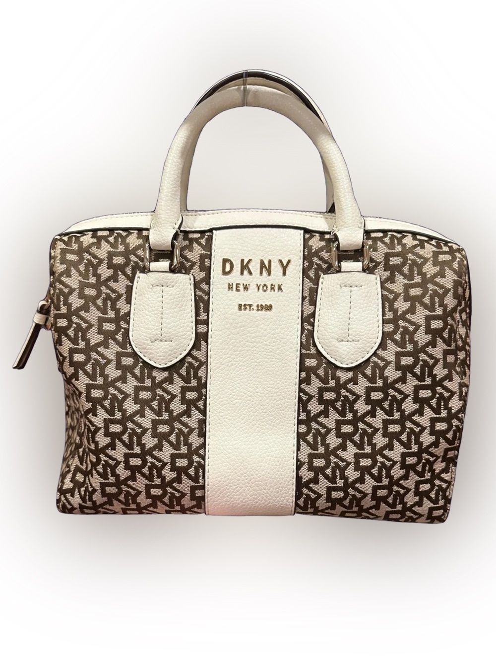 DKNYC Brown Monogram Satchel with Cream Center Panel